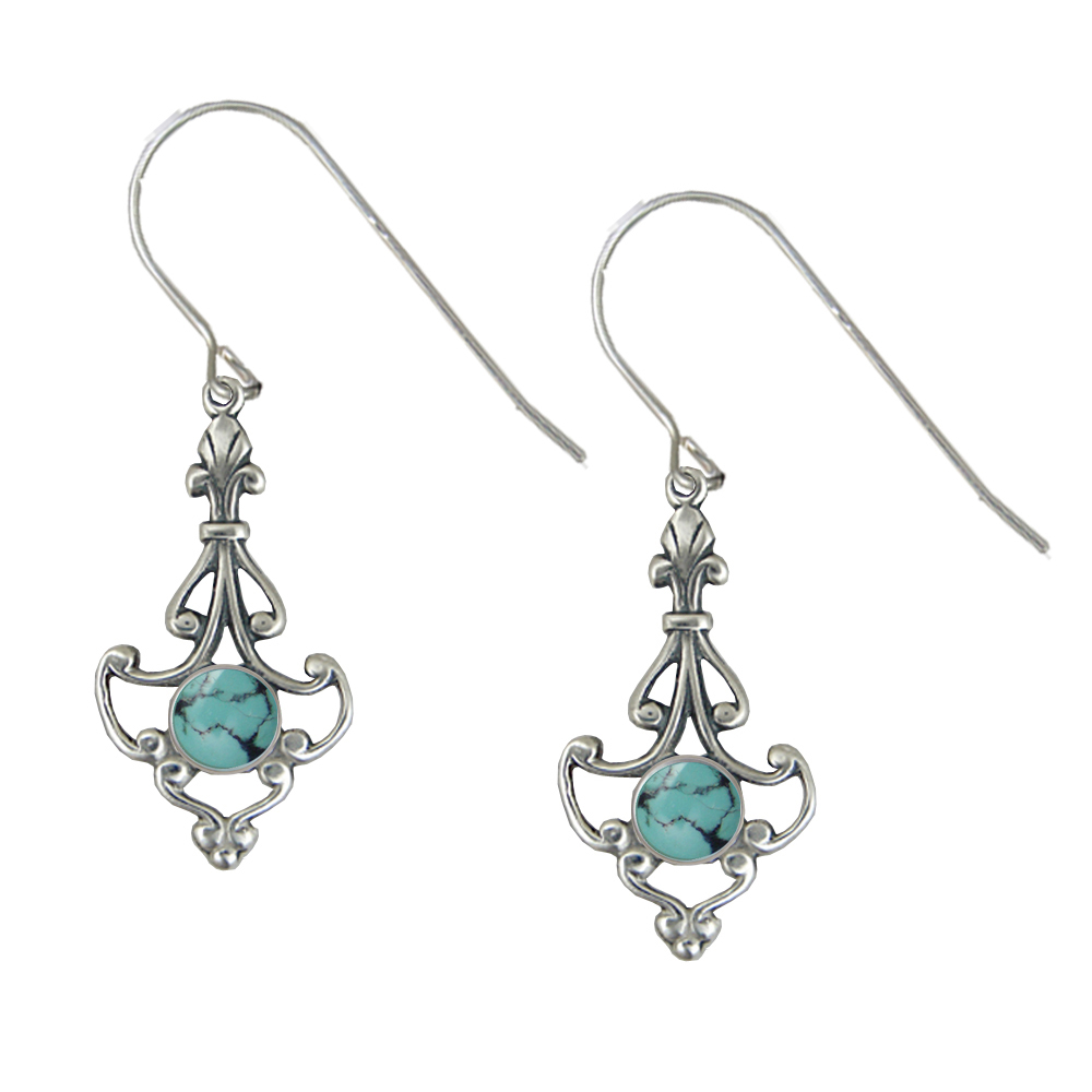 Sterling Silver Victorian Chinese Turquoise Drop Dangle Earrings